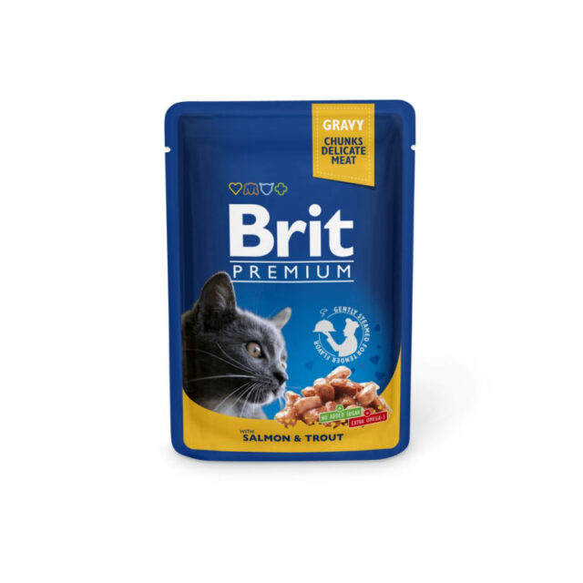 BRIT PREMIUM POCHON CHAT-MORCEAUX SAUMON ET TRUITE 100Gr